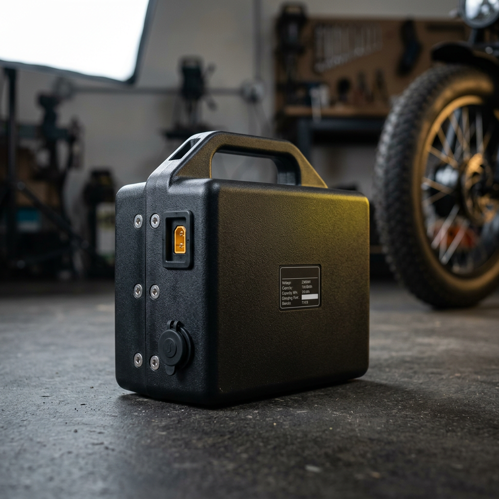 Pack de bateria de lítio com ficha XT60 e etiqueta de especificações, na oficina